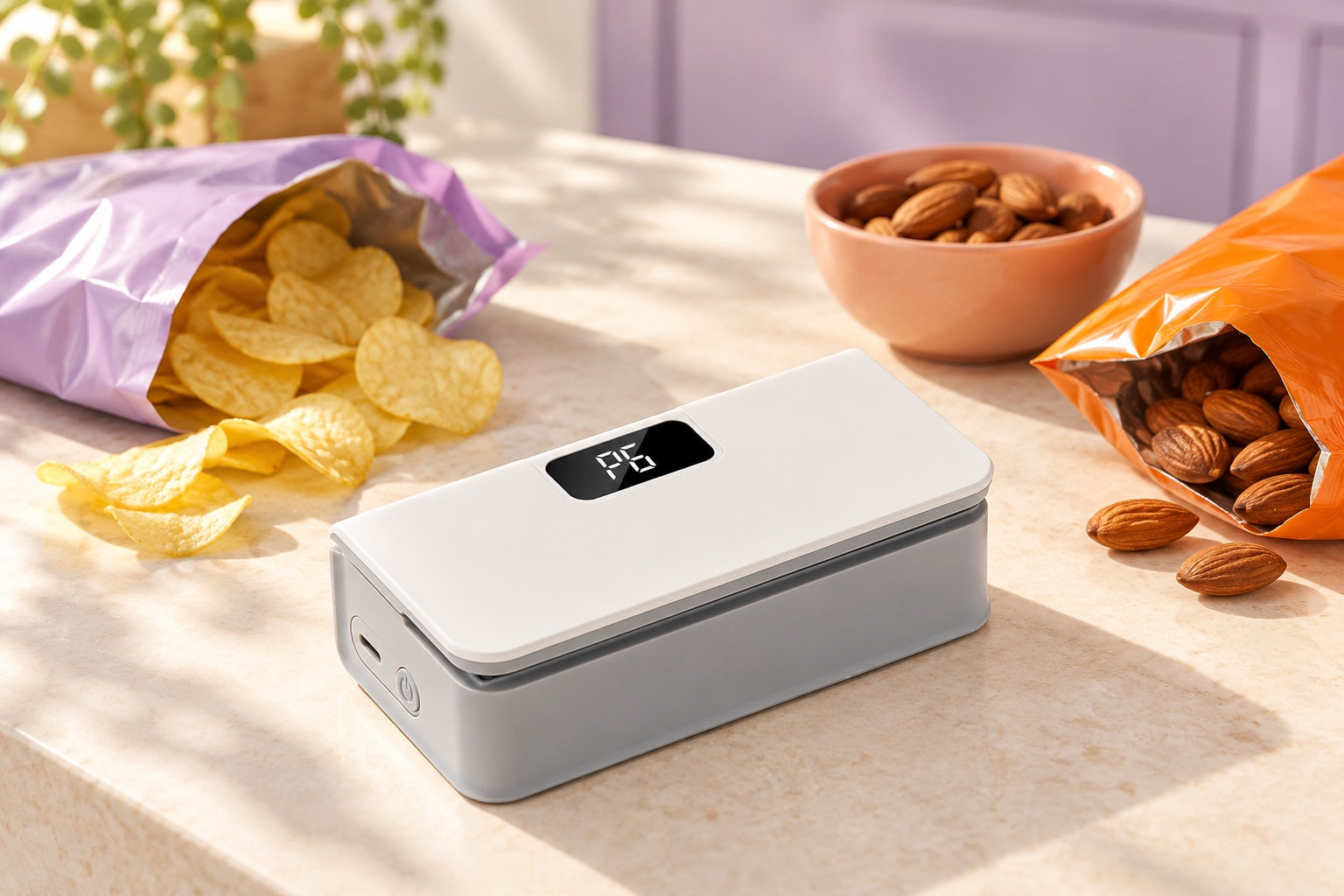 White six-speed rechargeable bag sealer styled beside snacks on a kitchen counter